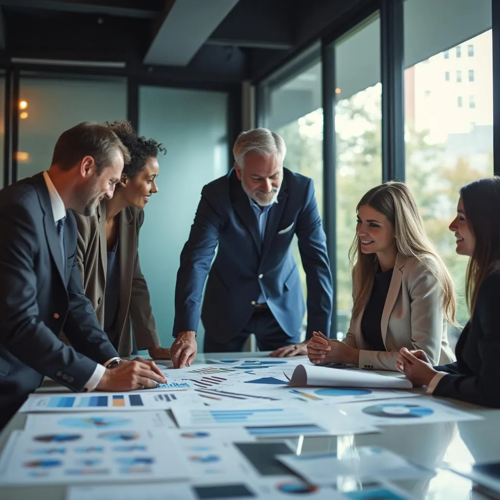 Equipo profesional de consultores trabajando en oficina moderna